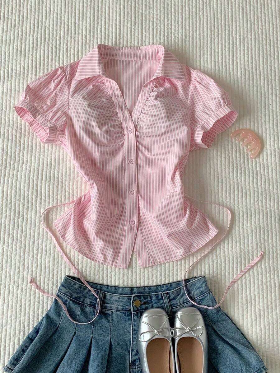 Camisa casual de mujer de manga corta abullonada, de un solo pecho, a rayas azules, ropa de verano - Rosa - Ver 1