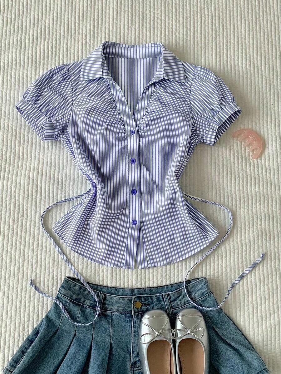 Camisa casual de mujer de manga corta abullonada, de un solo pecho, a rayas azules, ropa de verano - azul real - Ver 1