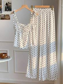 Conjunto de 2 piezas de top tipo camisola con hombros retorcidos y estampado de lunares, y pantalones de pierna ancha, para mujer, estilo casual de verano, retro y de playa - Blanco - Ver 5
