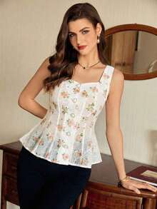 Blusa de mujer vintage, elegante y clásica, con cierre de botones metálicos con forma de flor, blusa sin mangas blanca, para primavera/verano - Naranja - Ver 3