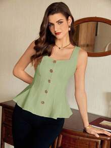 Blusa de mujer vintage, elegante y clásica, con cierre de botones metálicos con forma de flor, blusa sin mangas blanca, para primavera/verano - verde menta - Ver 6