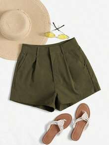Shorts diarios tejidos de unicolor para mujer, sencillos - Verde militar - Ver 6