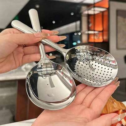 2 Heavy Duty Commercial/Household Kitchen Spoons, Large Serving Spoons, Heat-Resistant, Short Handle, Drain Hole For Easy Cleaning, Ideal For Restaurants, Catering, And Homes, Durable Stainless Steel Cutlery, Grade 201 Stainless Steel, Restaurant Supply, Ergonomic Handle, Sturdy Construction, Professional Chef's Stainless Steel Spoons, Catering Supply, Restaurant Equipment