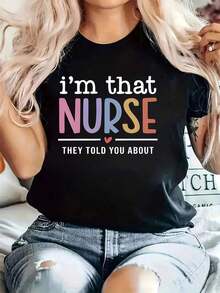Y2K Women's Graphic T-Shirt "The Nurse They're Talking About" - Bright Pink With Heart And Letter Design, Crew Neck, Short Sleeve, Nursing Uniform, Suitable For Healthcare Professionals, Casual Workwear For Spring And Summer. - 黑色 - 查看 7