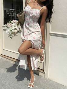 Vestido de tiras de longitud media con abertura lateral y nudo delantero con estampado floral diminuto para vacaciones de mujer - Multicolor - Ver 5