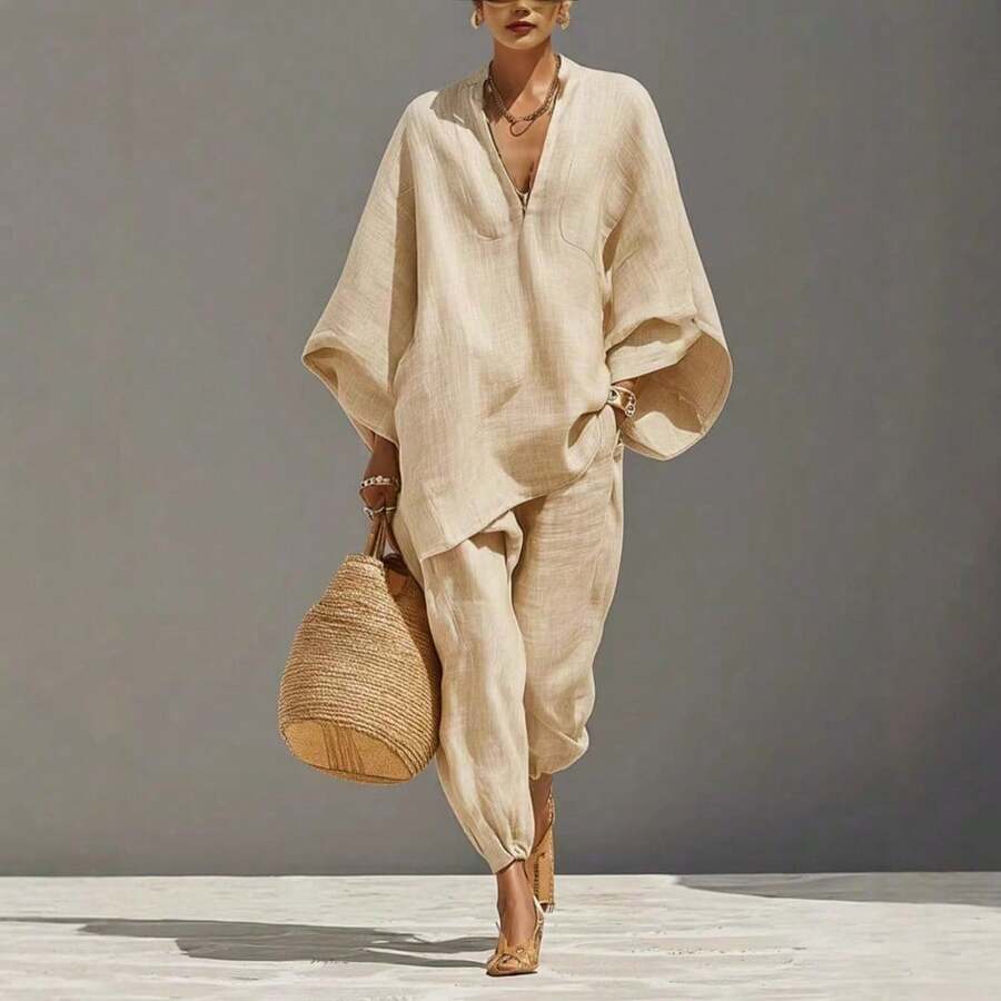 Women's Plus Size Summer Outfit, Simple And Modern Design, Casual Beach Vacation Fashion, Comfortable And Cool Outfit For Sunny Days, Feminine And Elegant Look - 米色 - 查看 1