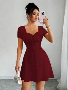 Nuevo vestido de verano con cuello cuadrado, cordón y lunares, con falda acampanada y cintura ceñida, vestido corto elegante para mujeres - Burdeos - Ver 5