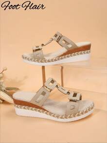 Foot Flair Women's Plus Size Fashion Retro Open Toe Rope Sole Sandals, Geometric Pattern Bohemian Vintage Chic Rivet Decor Thick Sole Sandals, Suitable For Weddings, Parties, Vacations, Summer And Other Occasions, Women's Wedge Thick Sole Sandals - Beige - View 6