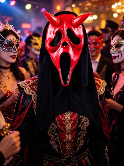 1PC Hooded Mask, Red & Black Horned Scream Demon Headgear, For Halloween Dark Party / Thriller Cosplay Costume, Viral Hot Item