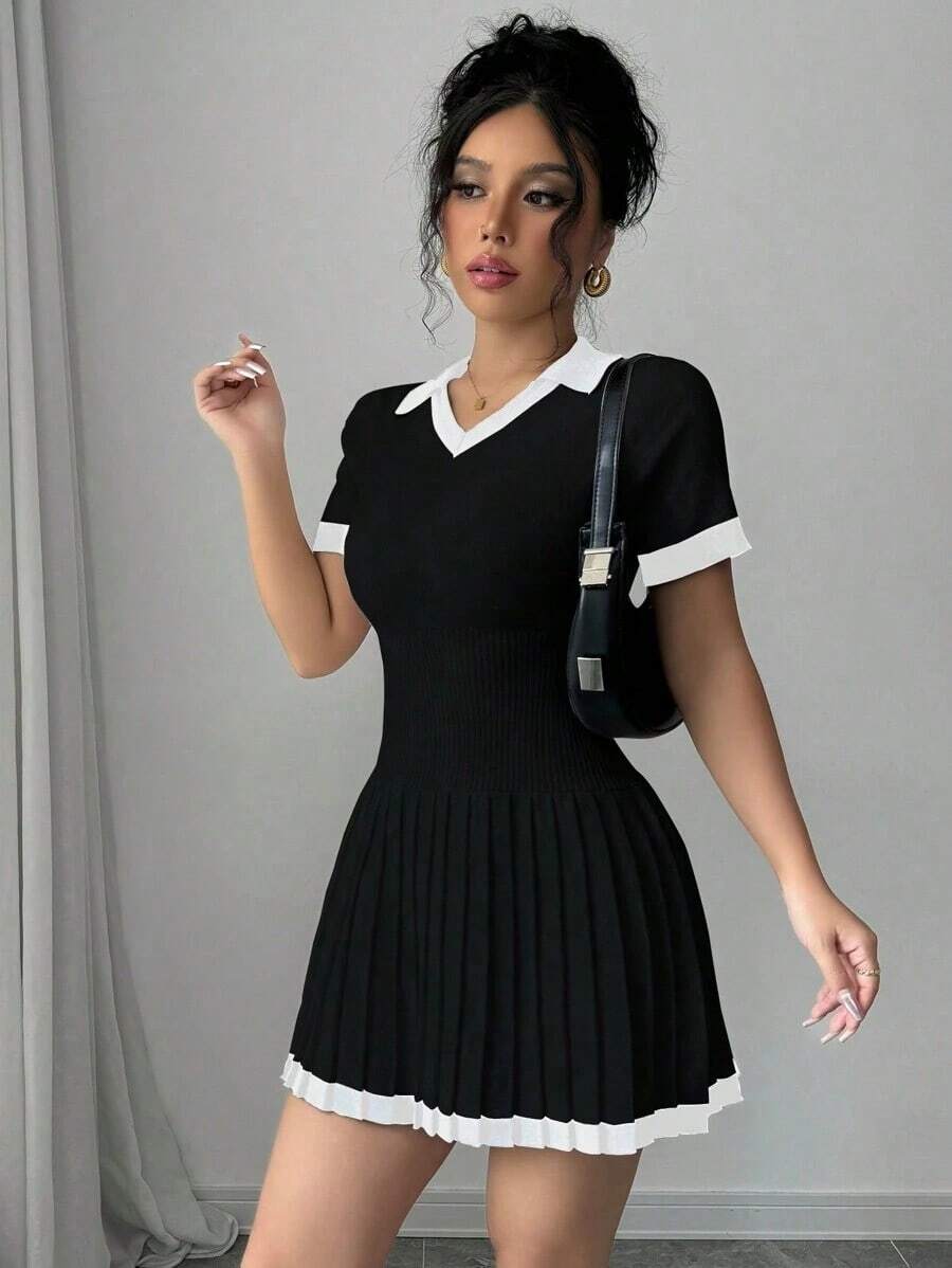 Vestido de punto con cuello en V plisado y contraste de colores informal - Negro - Ver 1