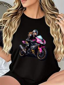 Un divertido impreso de manga corta Top-cool y elegante motociclista entusiasta diseño-mujer de moda casual estilo deportivo, de moda y único impreso cómodo cuello redondo capa base camisa, ideal como un regalo de camiseta, cómodo, transpirable, sudor - Negro - Ver 2