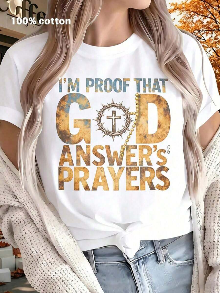 "I Am Proof That God Answers Prayers" T-Shirt - Inspirational Christian Faith Graphic Tee With Cross, Crown Of Thorns And Rosary Details, Casual Crew Neck, 100% Cotton, Short Sleeve For Women, Super Soft, Lightweight And Breathable Top For All Seasons, Ideal Religious Gift For Easter, Christmas, Holy Week, Mother's Day, Father's Day, Religious Events, Bible Study Or A Thoughtful Gift For Christian Believers, Family And Friends. - 白色 - 查看 1