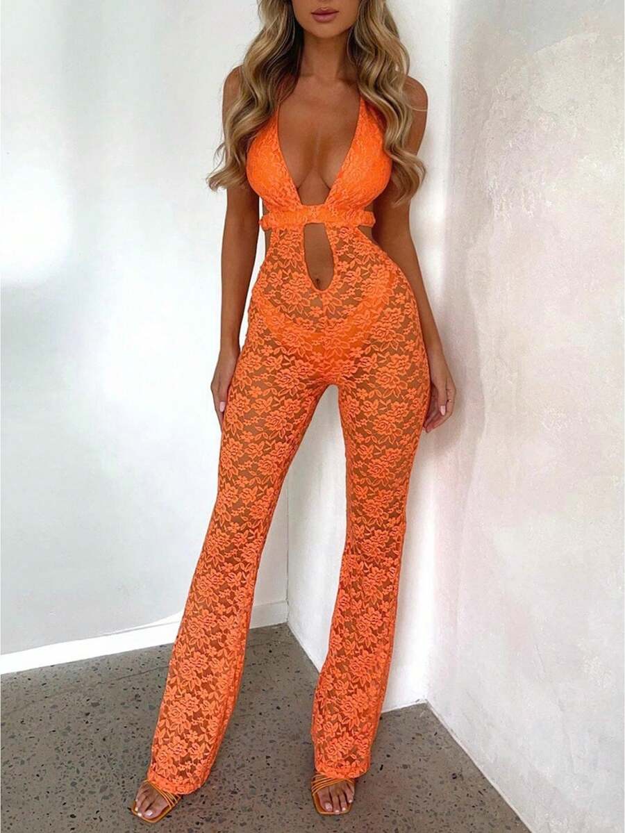 Women Halter Flare Jumpsuit Casual Summer Cutout Lace See-Through Backless Romper Pants for Clubwear Streetwear - Naranja - Ver 1
