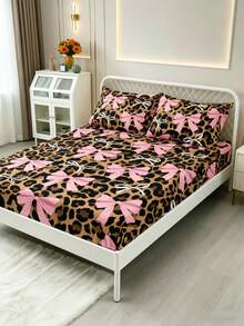 1pc Y2K Style Cute Pink Leopard Print Bow Fitted Bedsheet, Sweet & Charming Style, Soft & Skin-Friendly Non-Slip, Suitable For Double/Full/Queen/King Size Bed, Machine Washable, Ideal For Bedroom Decor - Multicolor - View 3