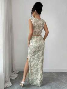 Raffinéa Vestido ajustado de mujer con abertura, de malla con efecto tie-dye degradado sin mangas, conjunto de 2 piezas - Verde - Ver 2