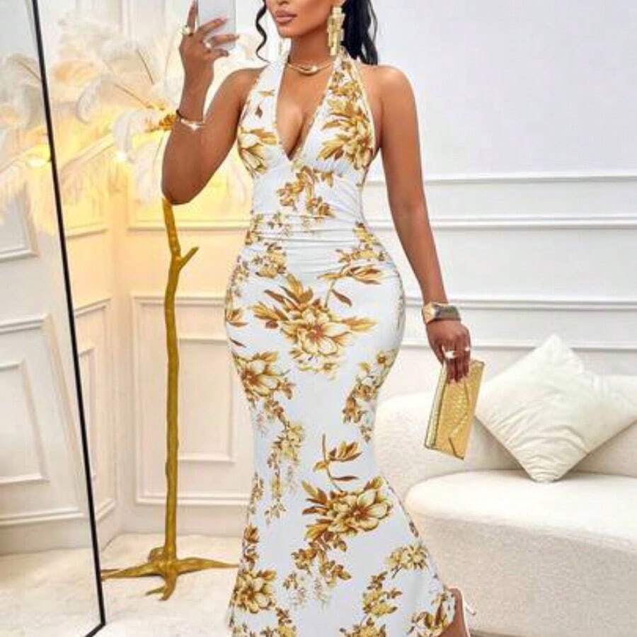 Women's Sexy Wavy Pattern Print Deep V Neck Ruched Waist Spaghetti Strap Lace Bodycon Vacation/Party Dress (Random Floral Print) Elegant Summer - Amarillo - Ver 1
