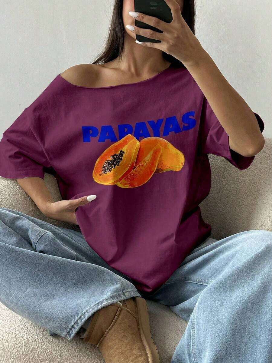 Camiseta holgada de manga corta con estampado de fruta de papaya y cuello asimétrico, color rosa - Burdeos - Ver 1