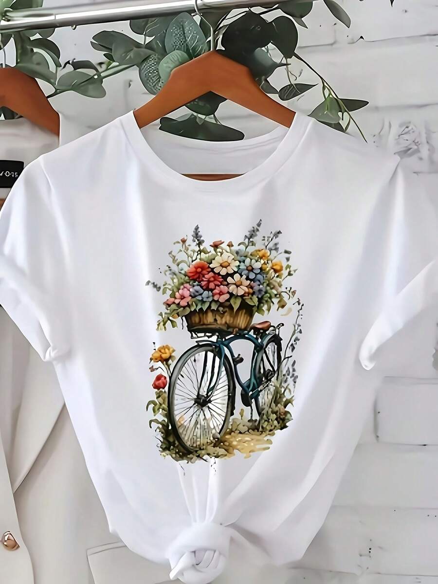 Summer New Arrival Retro Watercolor Bicycle Flower Basket Print White Cotton Casual Short Sleeve T-Shirt Women's Fitted Short-Sleeve Tee With Fun Graphics, Perfect For Everyday & Casual Work Looks - 白色 - 查看 1