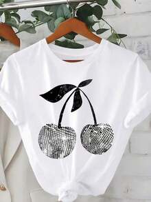 Casual Short-Sleeve Crew Neck Top With Cherry Print, Plus Size, Everyday Wear, For Summer - Vintage Street Style Unisex Cotton Short Sleeve Crew Neck T-Shirt - 白色 3 - 查看 4