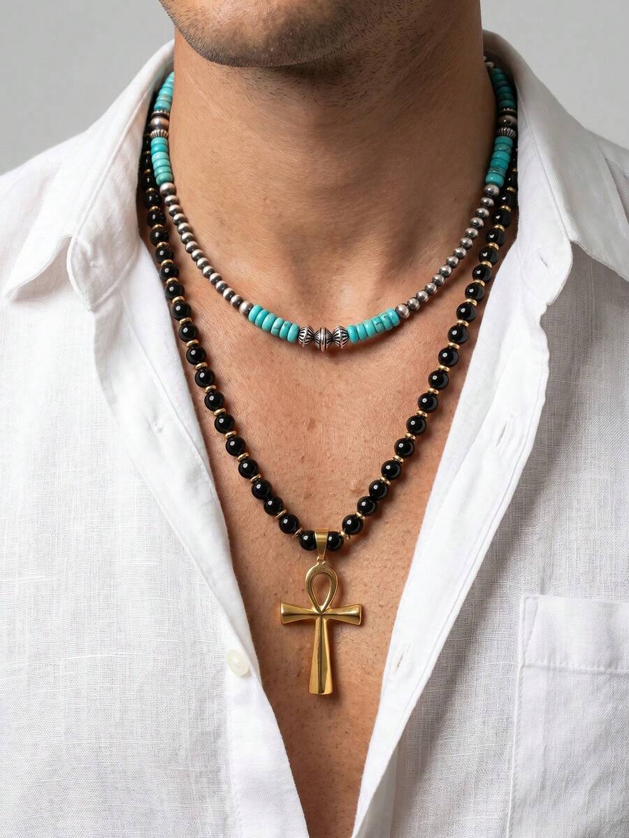 2pcs High Quality Cross Design Resin Material Necklace, Multi-Color, Suitable For Men's Daily Wear - Multicolor - View 1