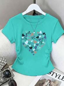Blusa casual de mujer con estampado de leopardo, cintura fruncida, adecuada para exteriores, citas, vuelta al colegio, versátil, color vino tinto con diseño de corazón - Verde 2 - Ver 6