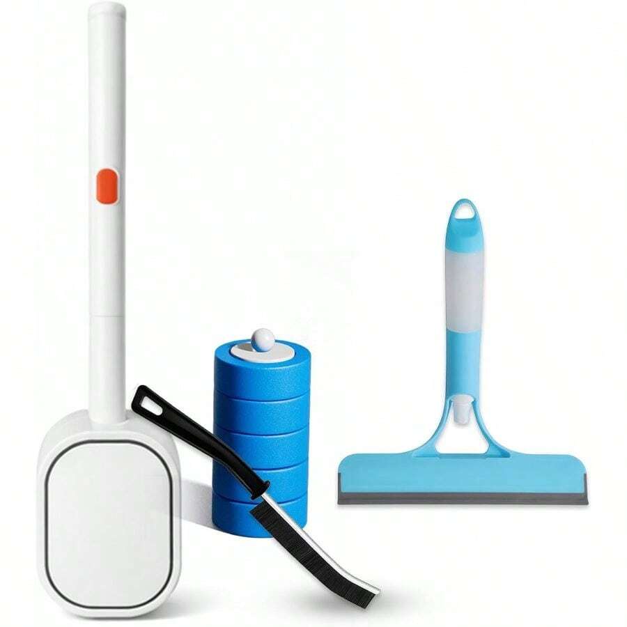 4 In 1 Cleaning Brush Set Home Kitchen Multi-Purpose Household Cleaning Tools With Brush, Window Glass Wiper, Sticky Lint Roller Long Handle Brush Bathroom, Tiles, Kitchen Surfaces - Mặc định - Xem 1