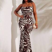 Floral Print Bodycon Slip Dress With Matching Scarf (Plus Size) Leopard Print Maxi Dress All-Over Print Maxi Dress Long Dress Date Night Dress Vacation Dress Sexy Dress, Suitable For Night, Date, Party, Ball, Club, Cocktail, Evening, Banquet, Concert, Island Resort, Beach, Holiday - Negro - Ver 9