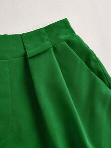 Pantalones cortos casuales sueltos con bolsillos y pliegues de unicolor para mujer - Verde 2 - Ver 4
