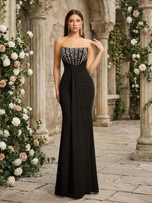 VIPGIRL Black Beaded Strapless Formal Evening Gown For Women, Elegant Sleeveless Maxi Dress With Open Back Design And Ruffle Hem, Suitable For Balls And Evening Events Wedding Party - Black - View 1