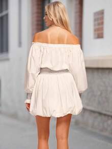 Women's Off-Shoulder Dress With Puff Sleeves, Contrast Belt And Ruffled Trim - 白色 - 查看 2