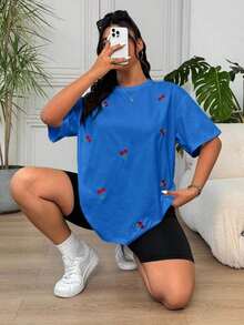 Envío gratis, entrega local enéxico, entrega en 4 días.Camiseta casual negra de manga corta talla con bordado de cerezas. - Azul marino - Ver 2