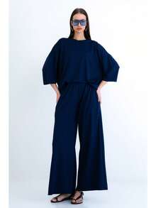 Crew Neck, Trumpet Sleeve Modal Top And Double Pocket Trousers Set. - Navy Blue - View 2
