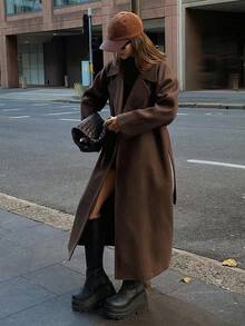 Abrigo de lana casual de unicolor con cuello de solapa y mangas raglán para mujer, otoño/invierno - Café integral - Ver 4