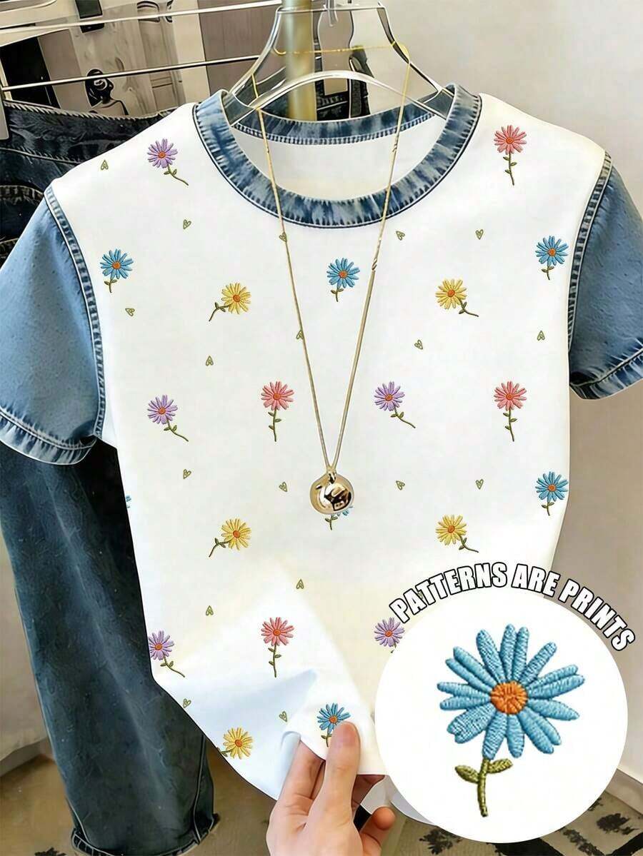 Camiseta de manga corta con estampado floral, camiseta de verano, blusa refrescante para damas, camiseta estética - Multicolor 2 - Ver 1