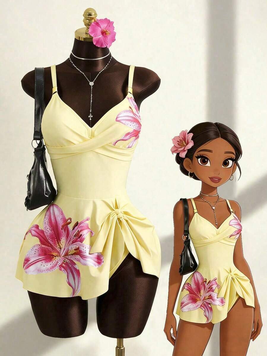 Conjunto de bikini de 2 piezas con estampado floral, accesorio de metal y correa ajustable, de caliente para vacaciones de primavera/verano y playa - Multicolor 4 - Ver 1