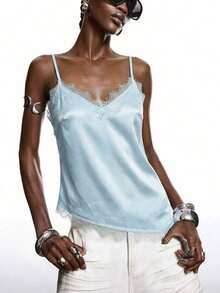2026 Nueva Blusa Minimalista de Primavera Verde Oliva de Encaje y Satén Brillante, Elegante Camisola con Ribete de Encaje Adecuada para Primavera/Verano; Elegante Camisa Adecuada para Fiesta, Primavera, Navidad, Año Nuevo; Elegante Camisola de Satén - Celeste - Ver 6
