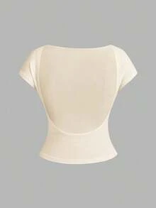 4 piezas Camisetas ajustadas de cuello redondo de unicolor con contraste, con espalda descubierta y calada, adecuadas para primavera/verano, carnaval, de manga corta, básicas, de mujer - Multicolor 18 - Ver 3
