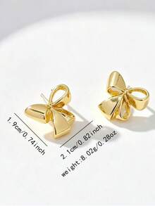 1 Pair Minimalist Sweet French Asymmetrical Bow Earrings, Suitable For Dates, Weddings, Vacations, Campus, Gifts And More - Yellow Gold - View 3