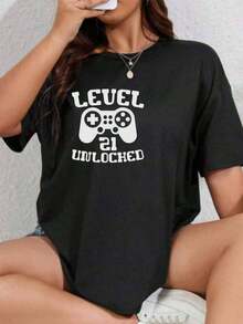 Women's Gaming Graphic T-Shirt, Level 21 Unlocked - Fun Video Game Design With Controller Print, Plus Size, Loose Fit, Casual T-Shirt For Casual Wear And Themed Events, Breathable Short Sleeve Crew Neck T-Shirt For Gamers (Spring Summer Outdoor Casual Wear) - 黑色 - 查看 7