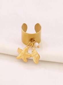 1 pièce Bague en acier inoxydable avec étoile de mer et coquillage, bague ouverte à motif étoile de mer à la mode pour femmes, bijou imperméable pour les vacances à la plage - anneau - Voir 14