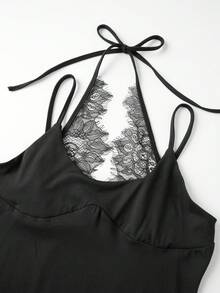 Women's Tight Thong Bodysuit Elegant Lace Patchwork Sleeveless Spaghetti Strap Backless Romper - Negro - Ver 8