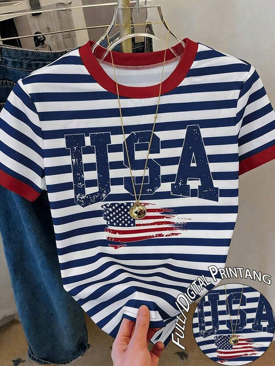 Camiseta de manga corta de verano con cuello redondo, estampado de cereza y rayas, de estilo casual para mujer - Multicolor 10 - Ver 1