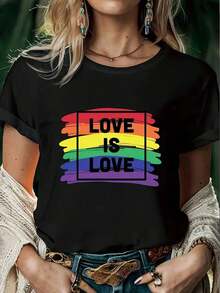 I Highly Recommend The Rainbow Pride - + Ally Women's "Love Is Love" T-Shirt, Short-Sleeved And Round Neck, With A Multicolored Heart Print And Rainbow Stripes, Ideal For Casual Wear In Summer And Spring, An Inclusive Slogan T-Shirt, Easy To Match. - 黑色 - 查看 1