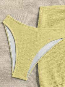 Set de bikini bandeau de 3 piezas de tela texturizada de unicolor, para vacaciones y playa - Amarillo claro - Ver 4