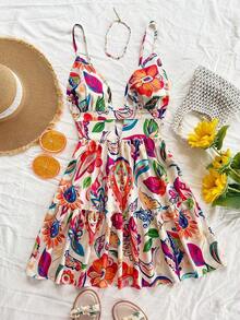 Vestido de vacaciones sin mangas con tirantes tipo espagueti, escote en V, estilo en línea A con huecos y espalda descubierta, 25 estilos - Multicolor - Ver 3