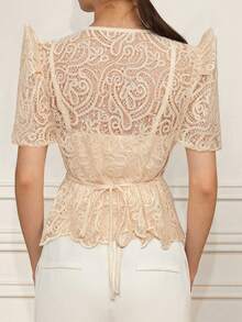 Blusa Filipiniana Moderna Elegante con Volantes de Encaje - Champán - Ver 2