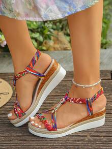 1 đôi sandal đế xuồng phong cách Bohemian mùa hè dành cho thanh thiếu niên, quai đan hoa nhiều màu sắc với trang trí đá lấp lánh, giày casual thời trang. - Đỏ - Xem 4