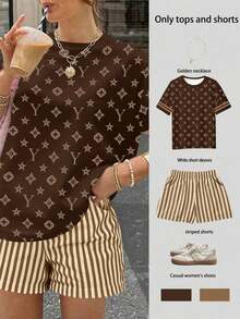 Conjunto informal de 2 piezas de camiseta de manga corta de cuello redondo a rayas y pantalones cortos para mujer - Café integral - Ver 1