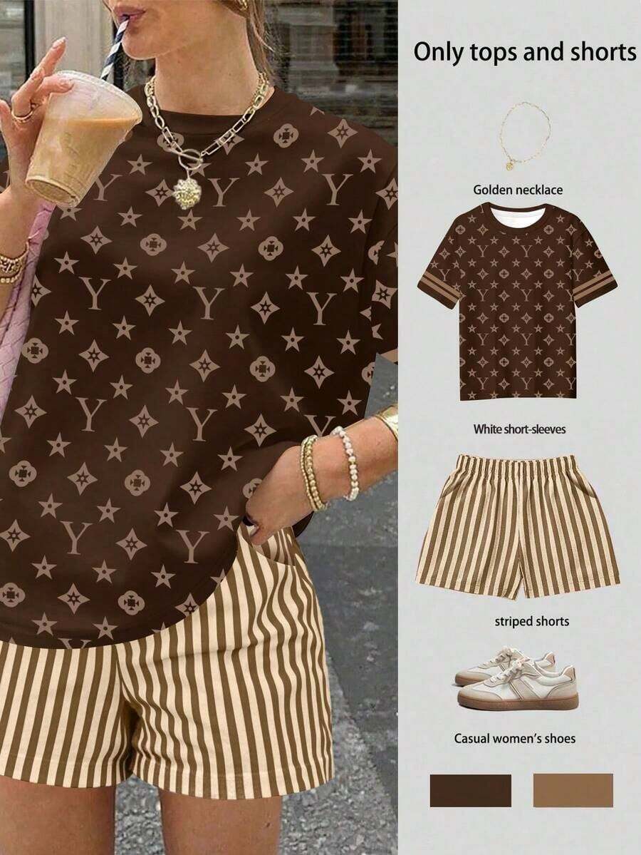 Conjunto informal de 2 piezas de camiseta de manga corta de cuello redondo a rayas y pantalones cortos para mujer - Café integral - Ver 1