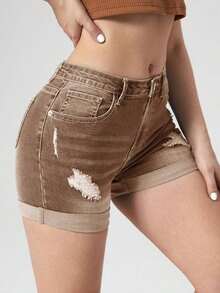 Shorts en mezclilla desgarro bajo de doblez - Marrón - Ver 3